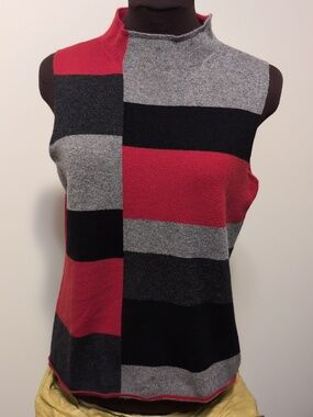ML Studio 100% Cashmere Striped Sleeveless Knit Top in Red, Black & Gray